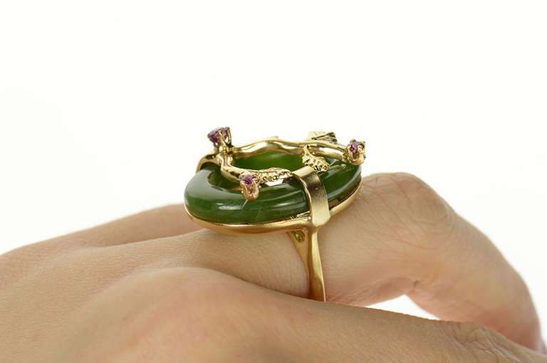 14K Yellow Gold Jade Ring Ruby Tree Branch Cherry Blossom Ring