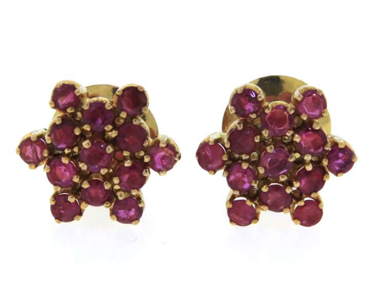 Charming Yellow Gold Ruby Flower Earrings