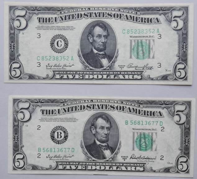 1953 A Gem & 1950 B CH CU $ 5 FR Notes