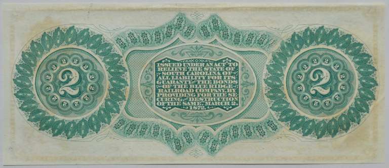 $2 Near Unc  1872 South Carolina Revenue Bond  Scrip Note