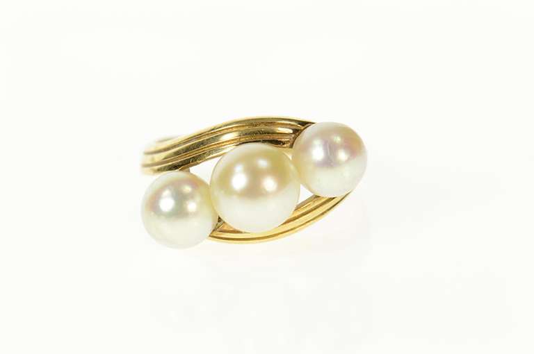 14K Yellow Gold Three Stone Classic Pearl Ornate Bypass Ring