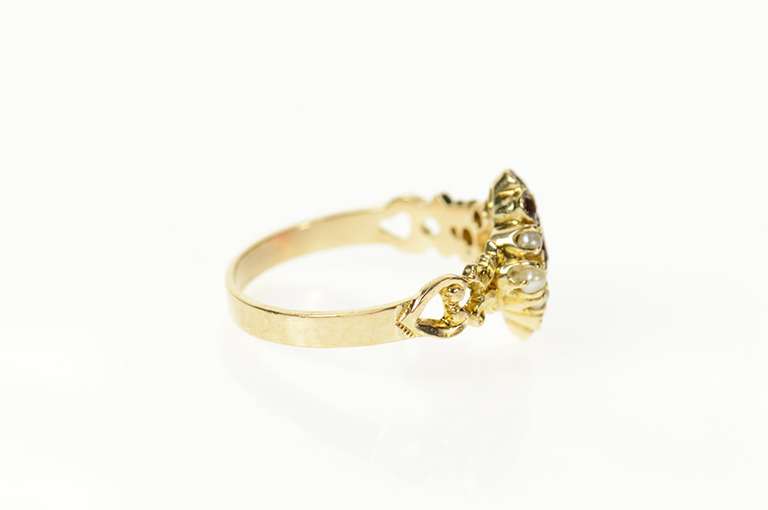 14K Yellow Gold Victorian Ornate Syn. Ruby Seed Pearl Ring