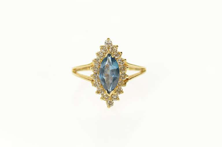 14K Yellow Gold Marquise Blue Topaz Diamond Halo Ring