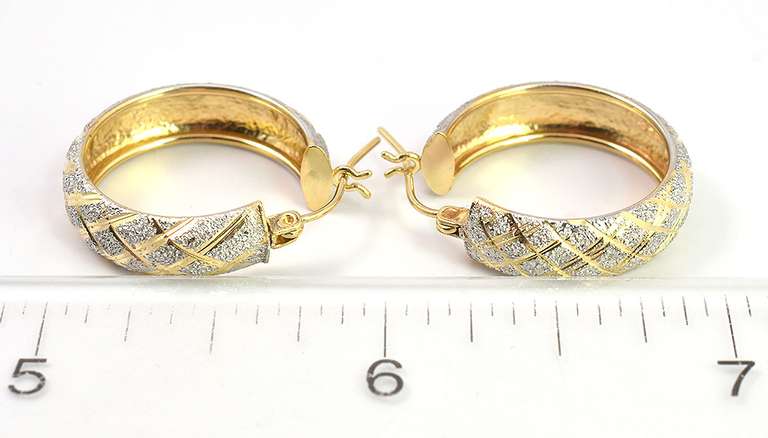 Glittering Etched Hoop Earrings in 14KT Two-Tone Gold