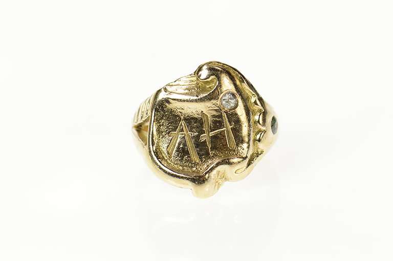 14K Yellow Gold AH Art Nouveau Etched Initial Diamond Ring