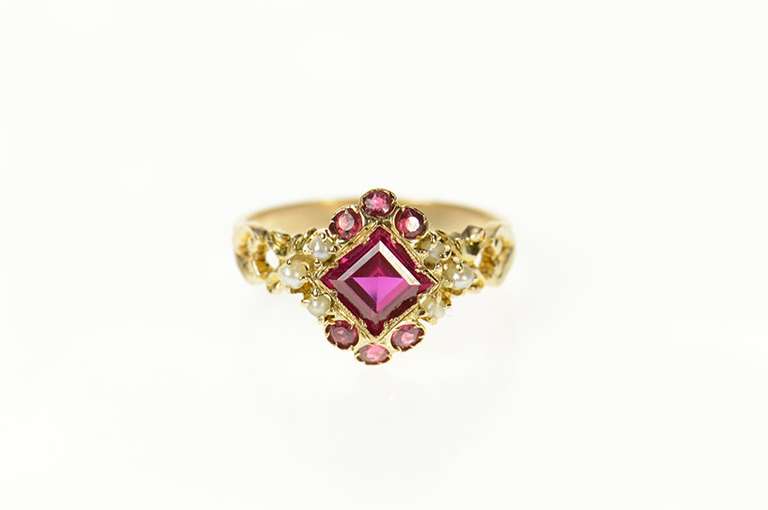 14K Yellow Gold Victorian Ornate Syn. Ruby Seed Pearl Ring