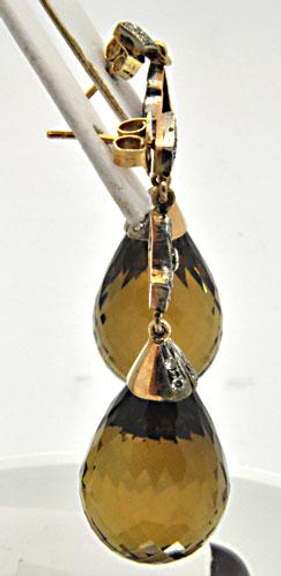 18 KT GOLD TEAR DROP EARRINGS WITH DIAMONDS QUARTZ