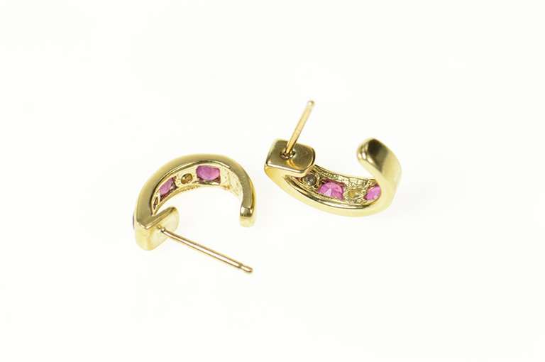 10K Yellow Gold Ruby Diamond Curved Semi Hoop Stud Earrings