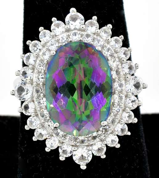 Stunning 8.00CTS Mystic Topaz & White Topaz Ring in Sterling Silver
