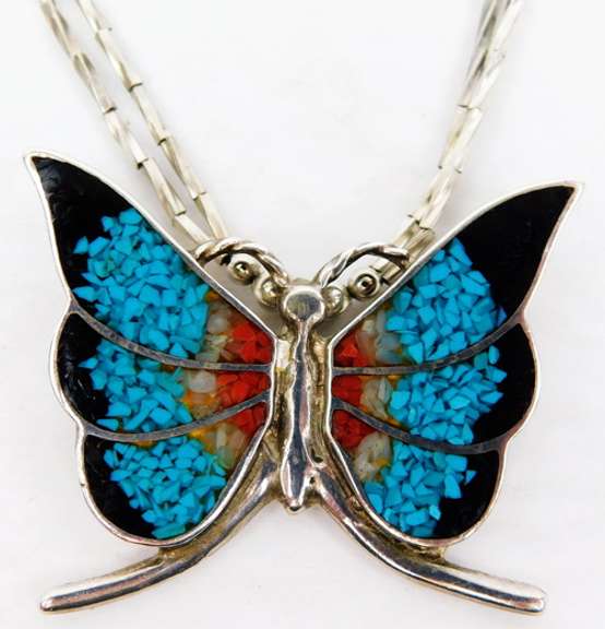Signed Navajo Large Sterling Gemstone Butterfly Necklace