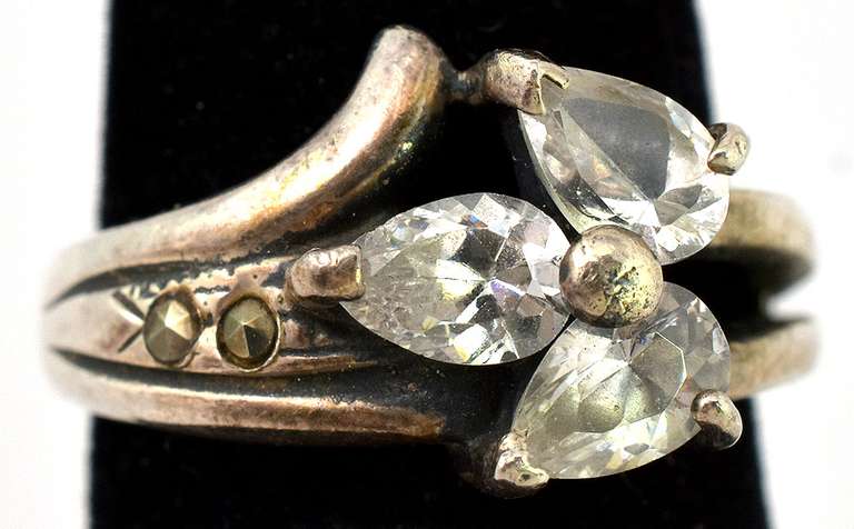 CZ Leaf Ring with Marcasites in Sterling Silver