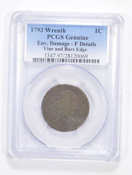 F Details 1793 Flowing Hair Large Cent Wreath Vine & Bars Edge - PCGS