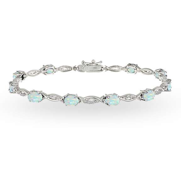 925 Silver Simulated White Opal and White Topaz Oval-Cut Swirl Tennis Bracelet