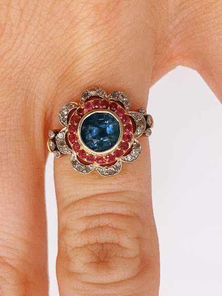 Vintage Style 14kt Gold, Sapphire, Ruby, & Diamond Ring