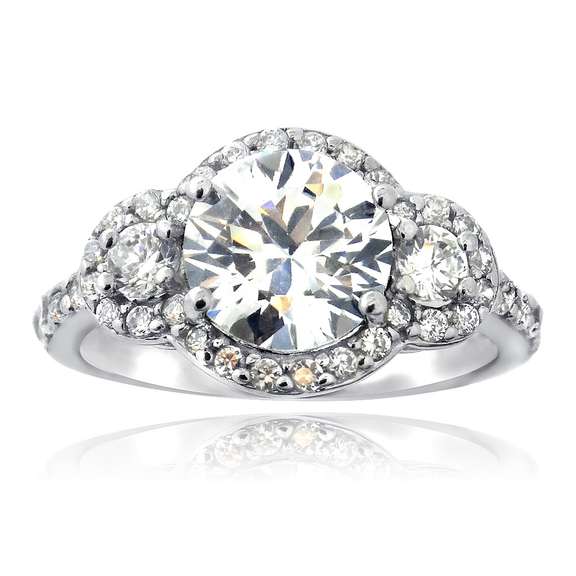 Sterling Silver CZ Three Stone Round Halo Ring