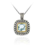 Sterling Silver Two Tone Designer Inspired Blue Topaz Square Pendant w/ Beaded Border