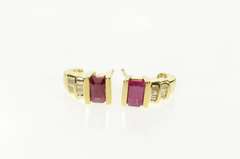 14K Yellow Gold Emerald Cut Ruby Diamond Semi Hoop Stud Earrings