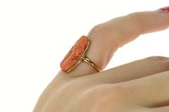 10K Yellow Gold Carved Coral Ornate Victorian Lady Cameo Ring