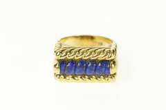 14K Yellow Gold Retro Carved Lapis Lazuli Squared Rope Ring