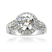 Sterling Silver CZ Round Halo & Three Row Band Ring