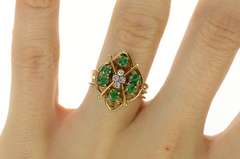 14K Yellow Gold Retro Natural Emerald Diamond Cocktail Ring