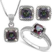 4 1/2 CARAT MYSTIC GEMSTONE & DIAMOND STERLING SILVER SET