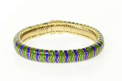 14K Yellow Gold 1960's Green Blue Enamel Wavy Chunk Bracelet