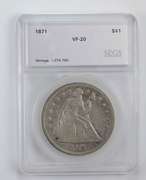 VF20 1871 Seated Liberty Silver Dollar - Graded by SEGS