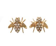 Whimsical 14kt YG White Pearl Accented Bee Shaped Earrings