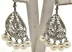 6MM CULTURED PEARL AND DIAMOND CHANDELIER EARRINGS.