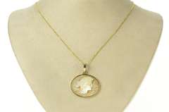 14K Yellow Gold Carved Mother Of Pearl Lady Ornate Oval Pendant