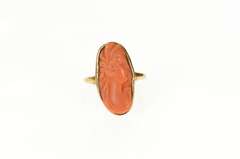 10K Yellow Gold Carved Coral Ornate Victorian Lady Cameo Ring