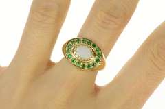 14K Yellow Gold Natural Opal Emerald Halo Retro Statement Ring