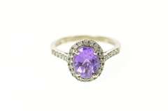 10K White Gold Oval Amethyst Diamond Halo Statement Ring