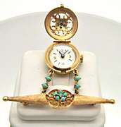 14 KT GENEVA WATCH PIN WITH TURQUOISE ACCENTS