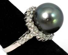 Rotund Black Tahitian Pearl & Diamond Ring in 14KT White Gold