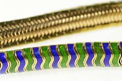 14K Yellow Gold 1960's Green Blue Enamel Wavy Chunk Bracelet