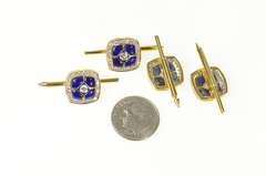 18K Yellow Gold Squared Lapis Lazuli Diamond Tuxedo Stud Cuff Links