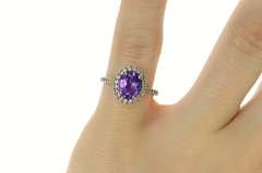 10K White Gold Oval Amethyst Diamond Halo Statement Ring