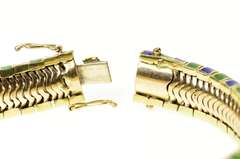 14K Yellow Gold 1960's Green Blue Enamel Wavy Chunk Bracelet