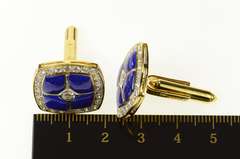 18K Yellow Gold Squared Lapis Lazuli Diamond Ornate Tuxedo Cuff Links