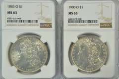 Choice BU 1883-O & 1900-O Morgan Silver Dollars. NGC MS63