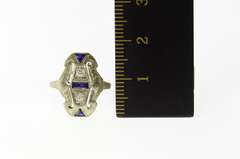 18K White Gold Art Deco Diamond Syn. Sapphire Filigree Ring