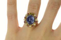 14K Yellow Gold Oval Moonstone Ruby Pearl Victorian Cocktail Ring