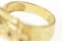 14K Yellow Gold Garnet Textured Belt Buckle Statement Band Ring