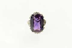 10K White Gold Ornate Art Deco Amethyst Diamond Cocktail Ring
