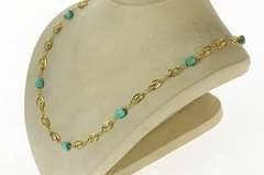 18K Yellow Gold Retro Turquoise Twist Link Statement Chain Necklace