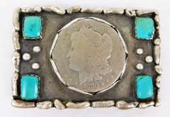 1880 Silver Dollar & Turquoise Belt Buckle