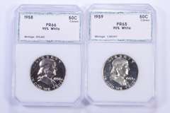 (2) PR66 1958 & PR65 1959 Franklin Half Dollars Cameo 95% White - PCI