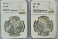 2 Flashy Choice BU 1881-S Morgan Silver Dollars. NGC MS63